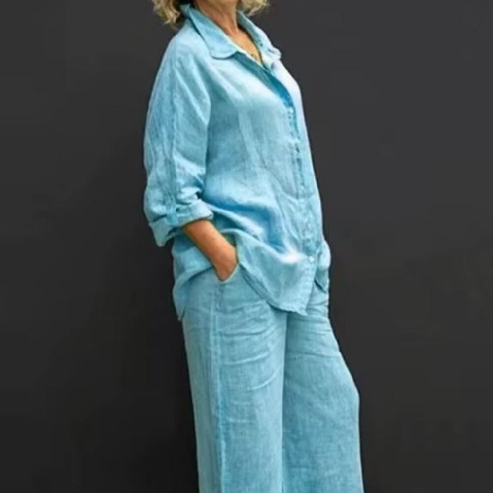 Women Linen 2 Piece Oversize Lapel Button Up Long Sleeve and pant set, Blue, 4XL